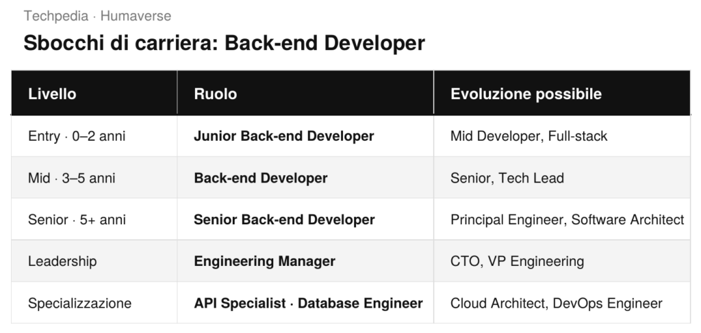 Tabella degli sbocchi di carriera per Back-end Developer: da Junior a CTO"